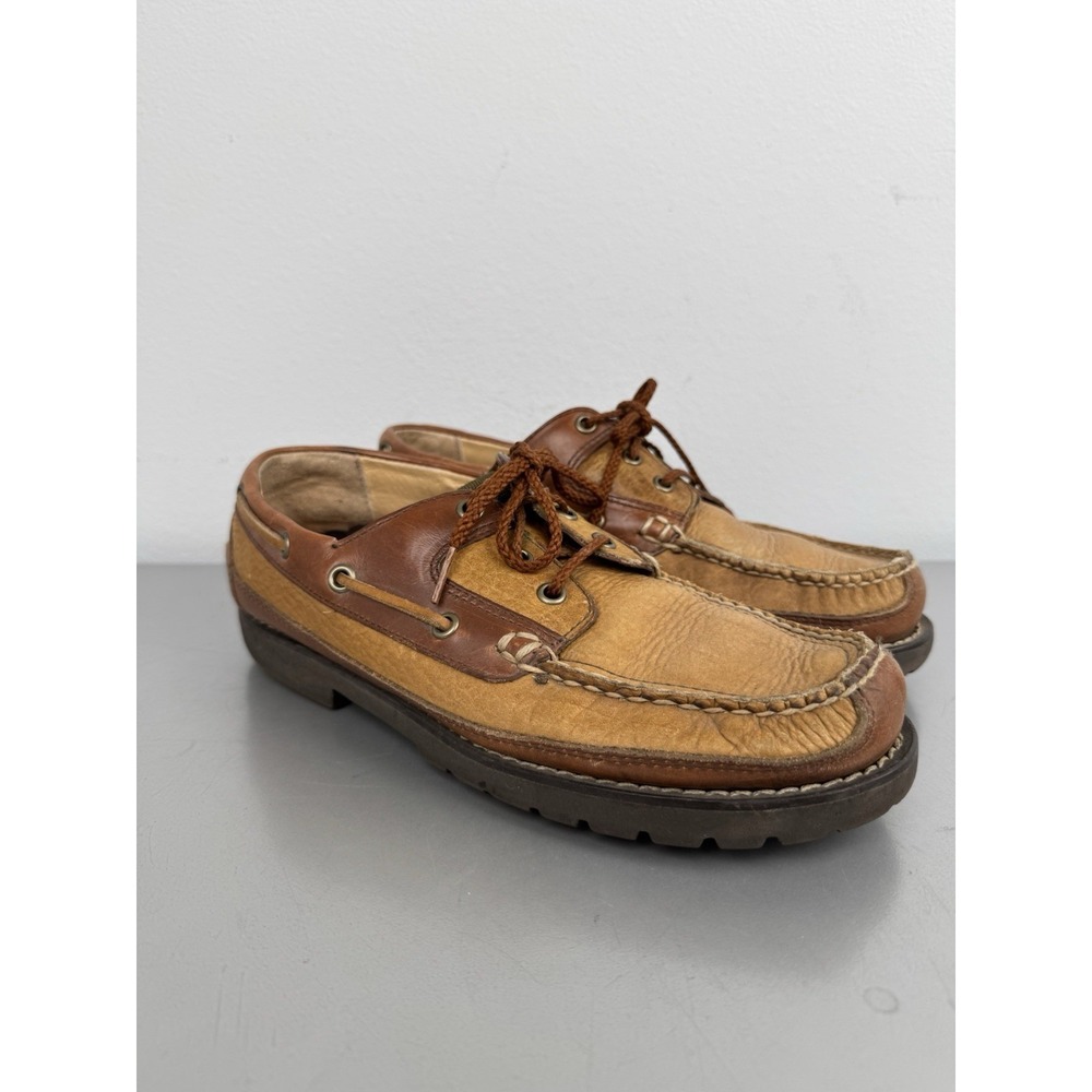 LL Bean Allagash Boat Shoes Mens 7.5 D Tan Brown Bison Leather Handsewn‎ Oxford